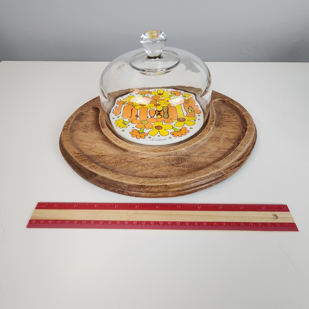  Goodwood Teak Wood Cheese Tray  Glass Cloche Dome Floral Daisy Tile - Picture 5 of 6